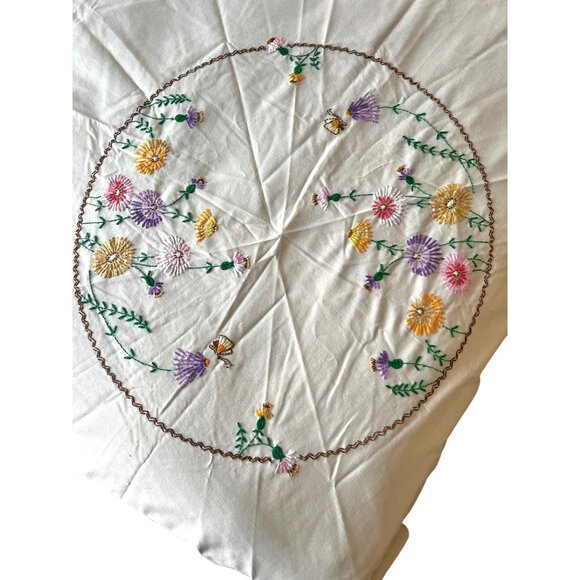Hand Embroidered Round Tablecloth Floral 58.5” D. Pale Pink/Beige Taupe Hem VTG - Picture 9 of 12